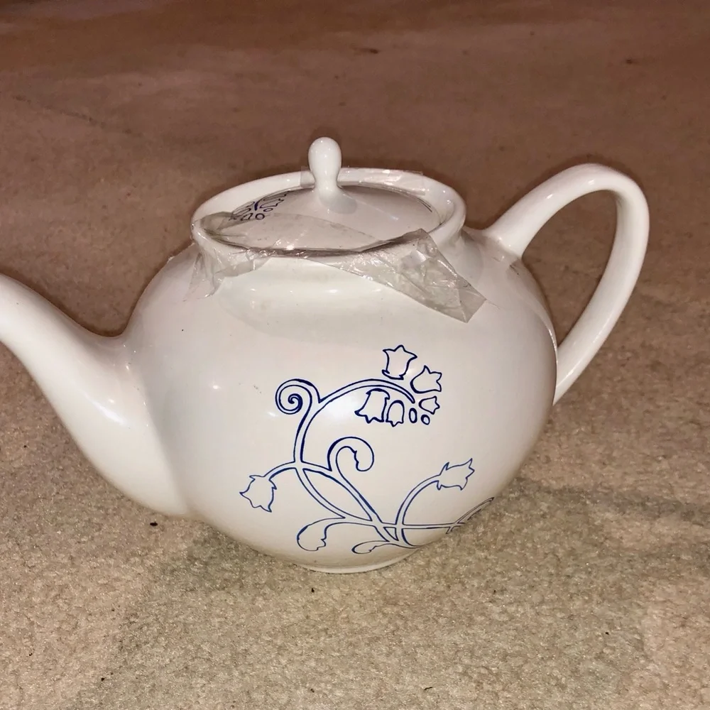 White Ceramic IKEA Teapot with Blue Floral Motif
